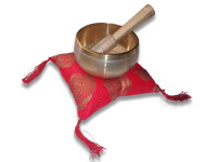 Nepalesische Klangschale (D: 9,5 cm, 350g) mit Kissen (rot/gold)