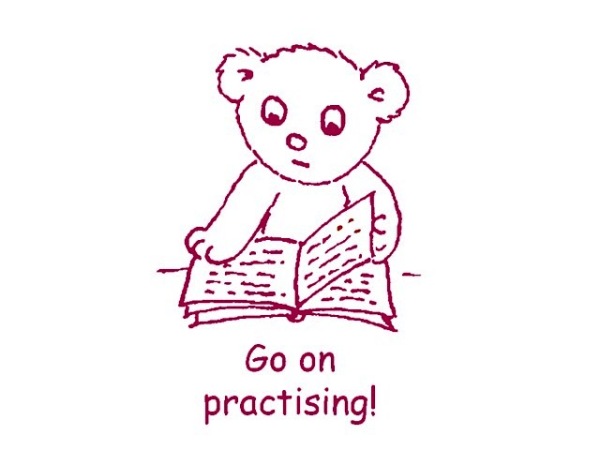 Englischer Lehrerstempel "Go on practising!" (Motiv: Teddybär)